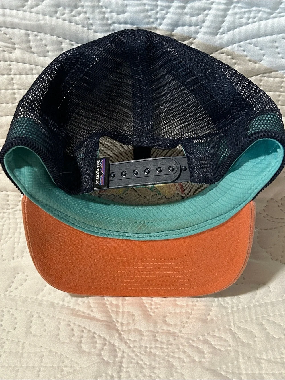 Patagonia Kids Trucker Hat with Rainbow Patch in Cream, Coral & Navy